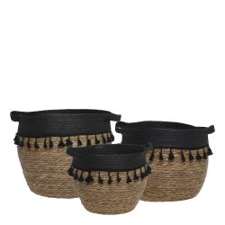 Basket w. black fringes set of 3