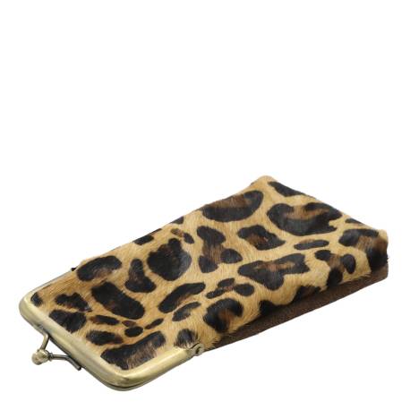 Pouch in leather w. leopard print